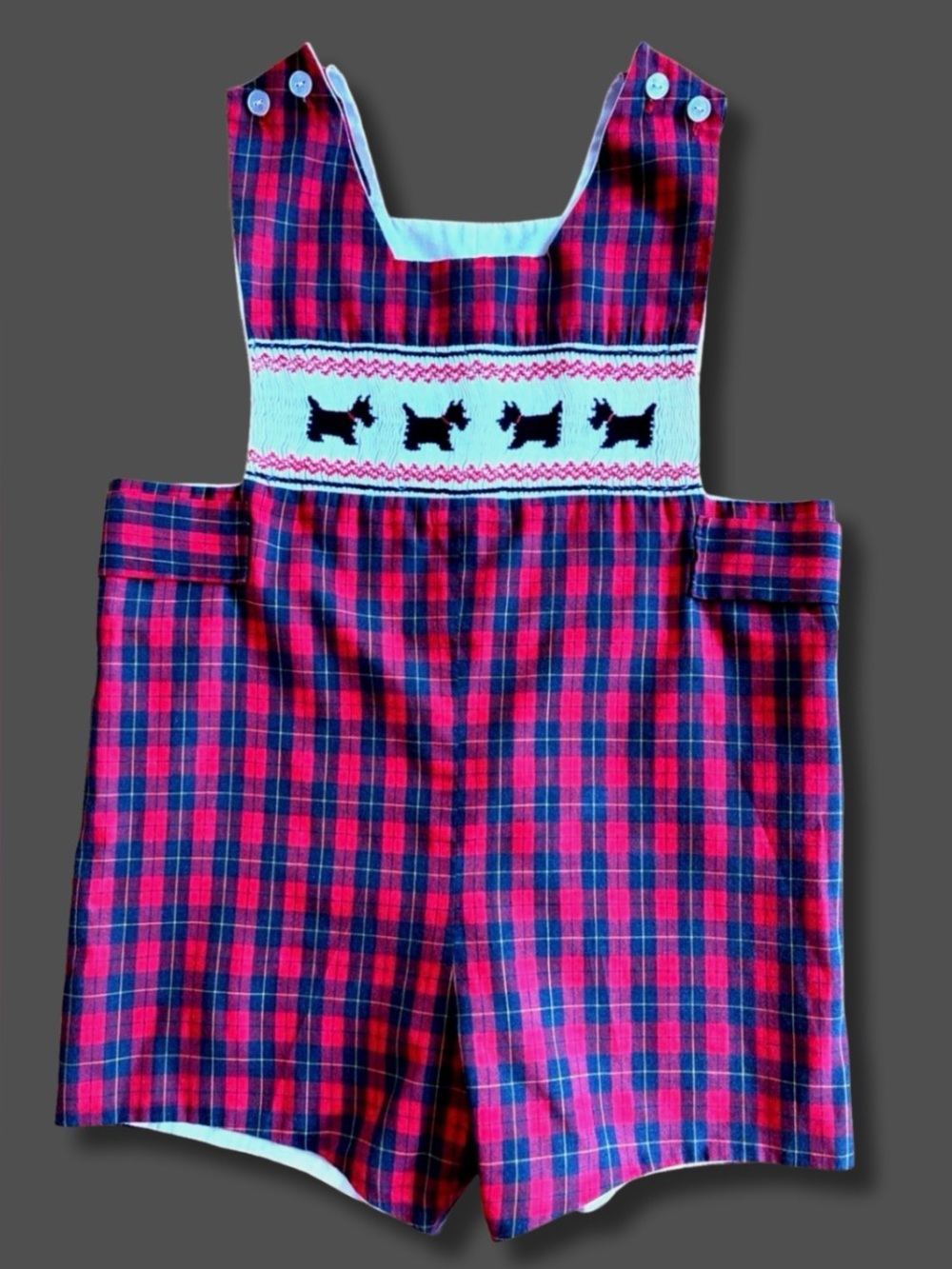 Vintage Boys Hand Smocked Scottie Dog Jon Jon Plaid Christmas Shortall Romper 4T